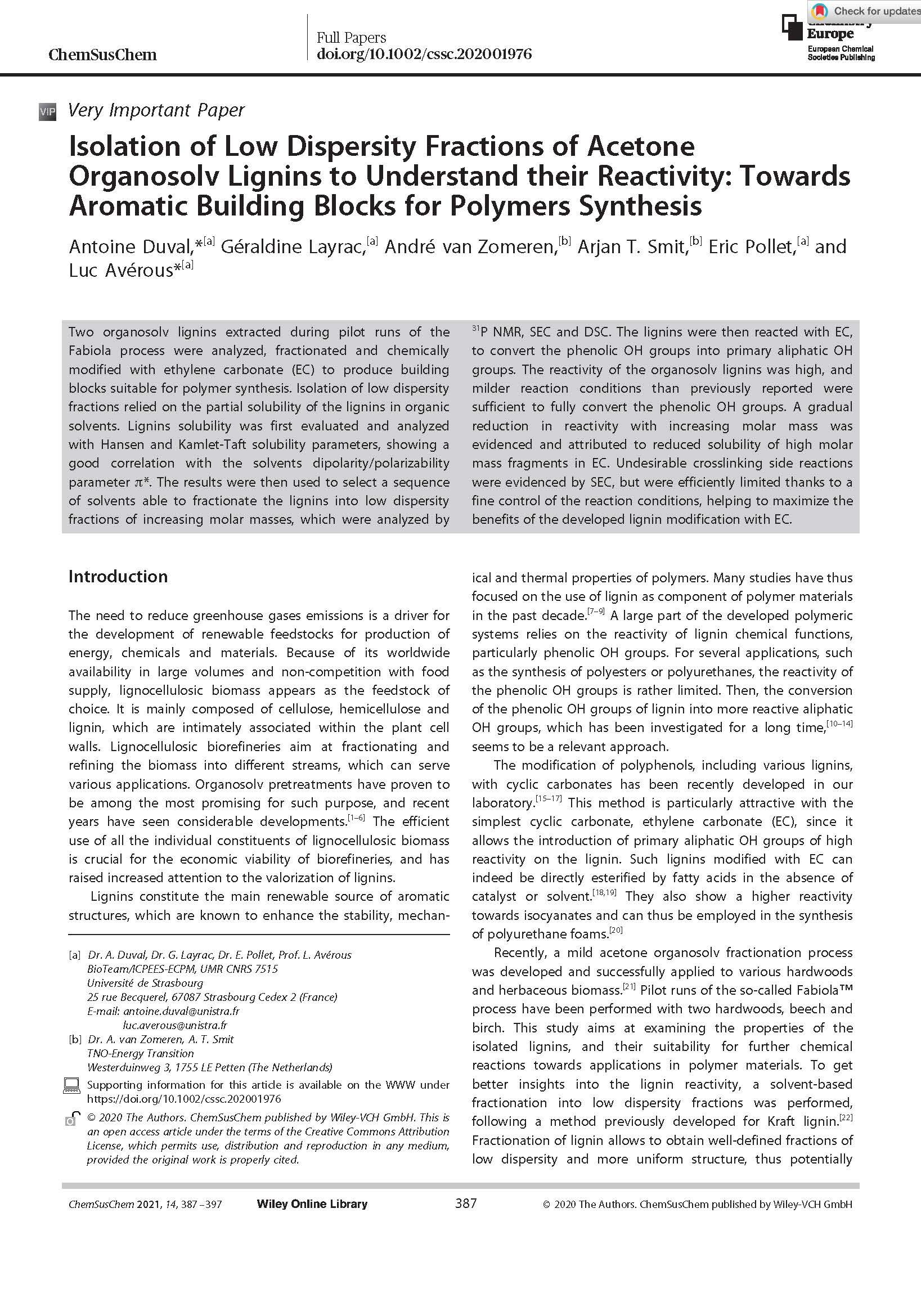 ChemSusChem - 2020 - Duval - Isolation of Low Dispersity Fractions of Acetone Organosolv Lignins to Understand their_Seite_02